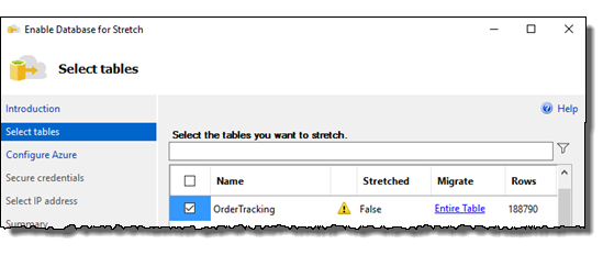 Captura de pantalla en la que se muestra cómo seleccionar la página de tablas del Asistente para Stretch Database.