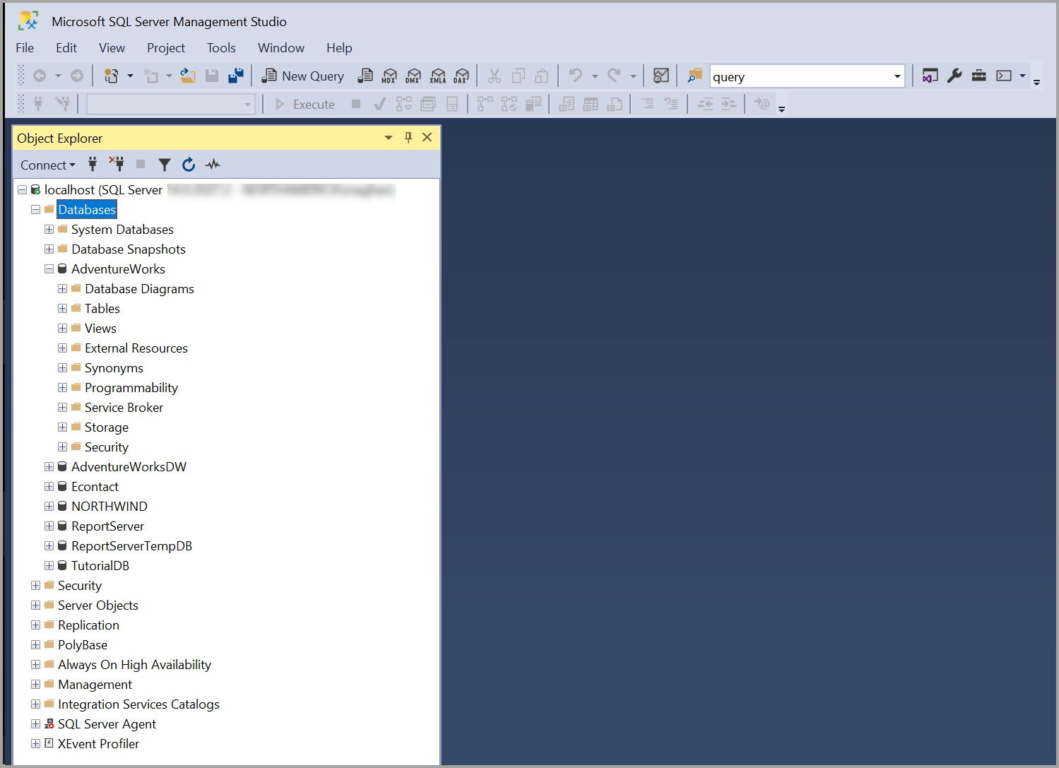 Captura de pantalla del SQL Server Management Studio.