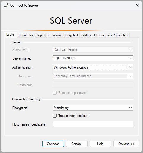 Captura de pantalla del cuadro de diálogo de conexión para SQL Server.