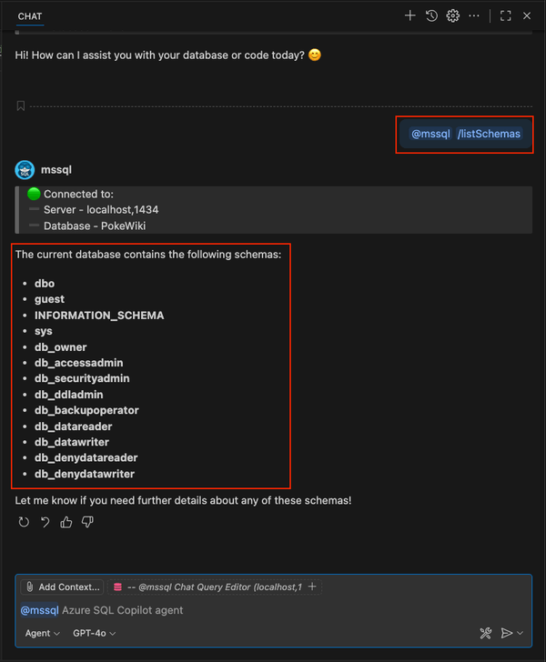 Captura de pantalla del uso del comando /listSchemas slash en el chat de GitHub Copilot.