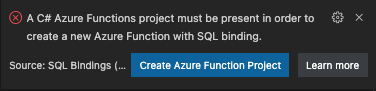 Captura de pantalla de la notificación de VS Code para crear un nuevo proyecto de Azure Functions, ya que no se encontró ninguno en la carpeta.