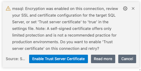 Captura de pantalla de GUI de Visual Studio Code, notificación con solicitud para certificado de servidor de confianza.