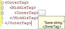 Captura de pantalla del código XML con tooltip que muestra el código oculto.