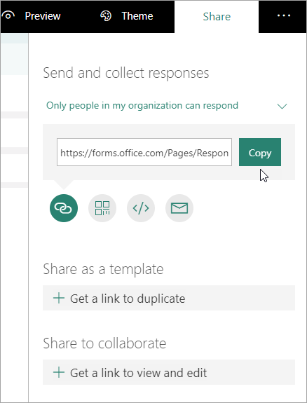 Microsoft Forms pantalla para obtener la dirección URL del formulario que se va a copiar en Stream.