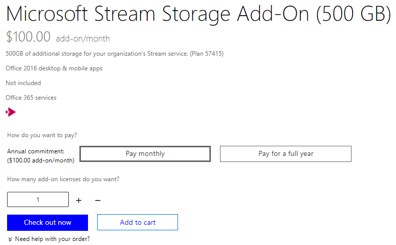 Microsoft Stream (Clásico) página opciones del complemento de almacenamiento.