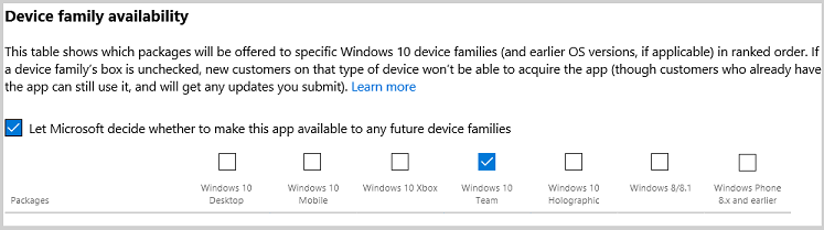 Imagen que muestra la página de la disponibilidad de familias de dispositivos: parte del proceso de envío de aplicación de la Microsoft Store.