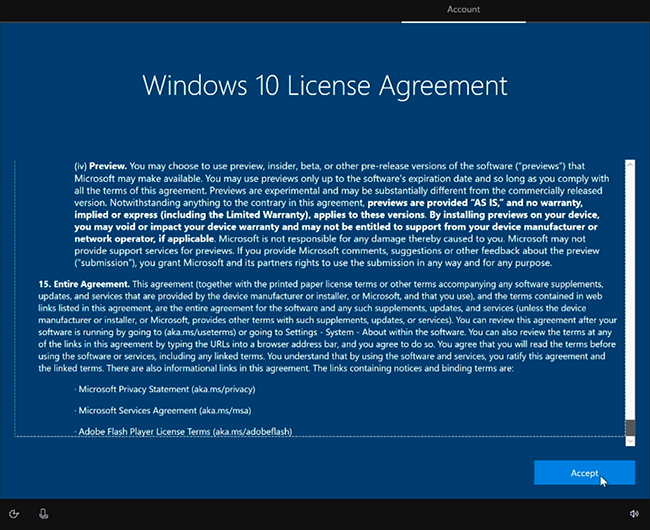 Acepte Windows 10 contrato de licencia.