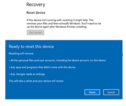 Captura de pantalla de Restablecimiento y recuperación de Surface Hub.