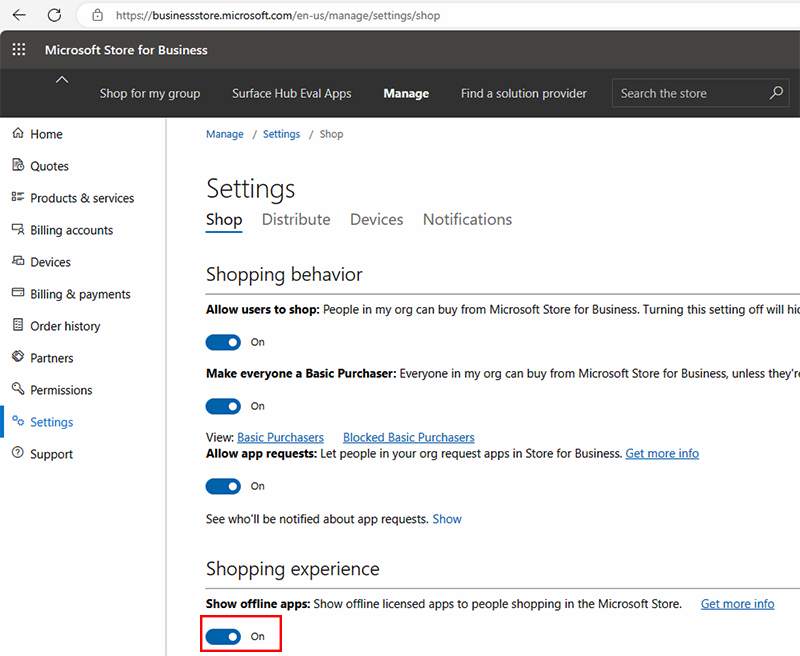 Captura de pantalla que muestra cómo habilitar aplicaciones sin conexión en Microsoft Store para Empresas.