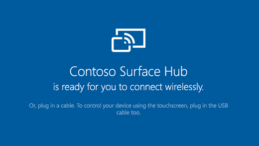 Captura de pantalla de una pantalla de bienvenida que muestra que Surface Hub está listo para conectarse de forma inalámbrica.