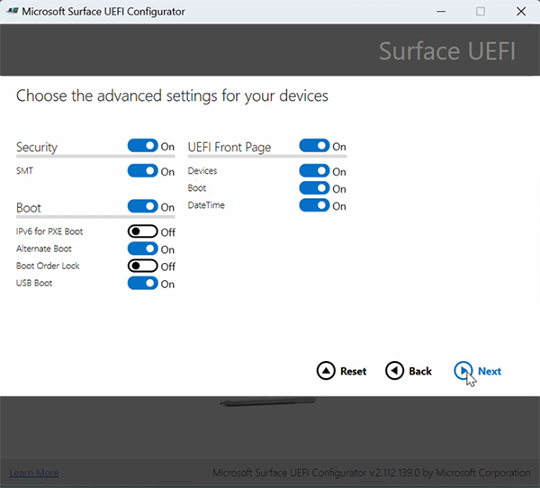 Captura de pantalla que muestra la configuración avanzada para activar o desactivar.