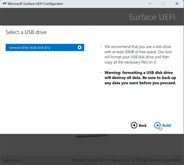 Captura de pantalla que muestra la pantalla para compilar el paquete DFI de UEFI