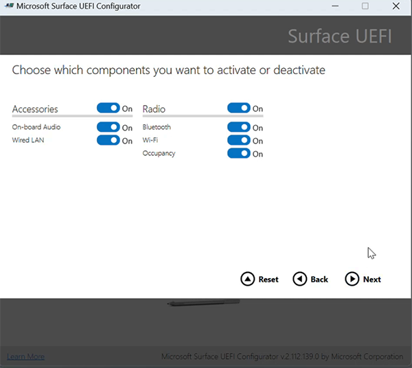 Captura de pantalla que muestra los componentes para activar o desactivar.