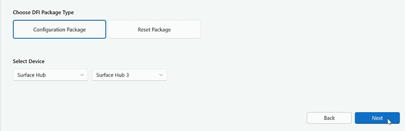 Captura de pantalla que muestra la selección del paquete de configuración.