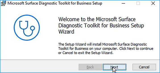 Captura de pantalla que muestra el inicio del Asistente para la configuración del Kit de herramientas de diagnóstico de Surface.
