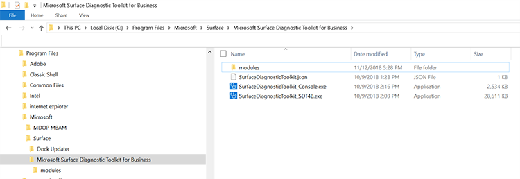 Captura de pantalla que muestra la lista de archivos instalados en Explorador de archivos.