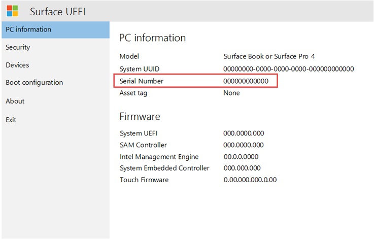 Se muestra el número de serie del dispositivo Surface.