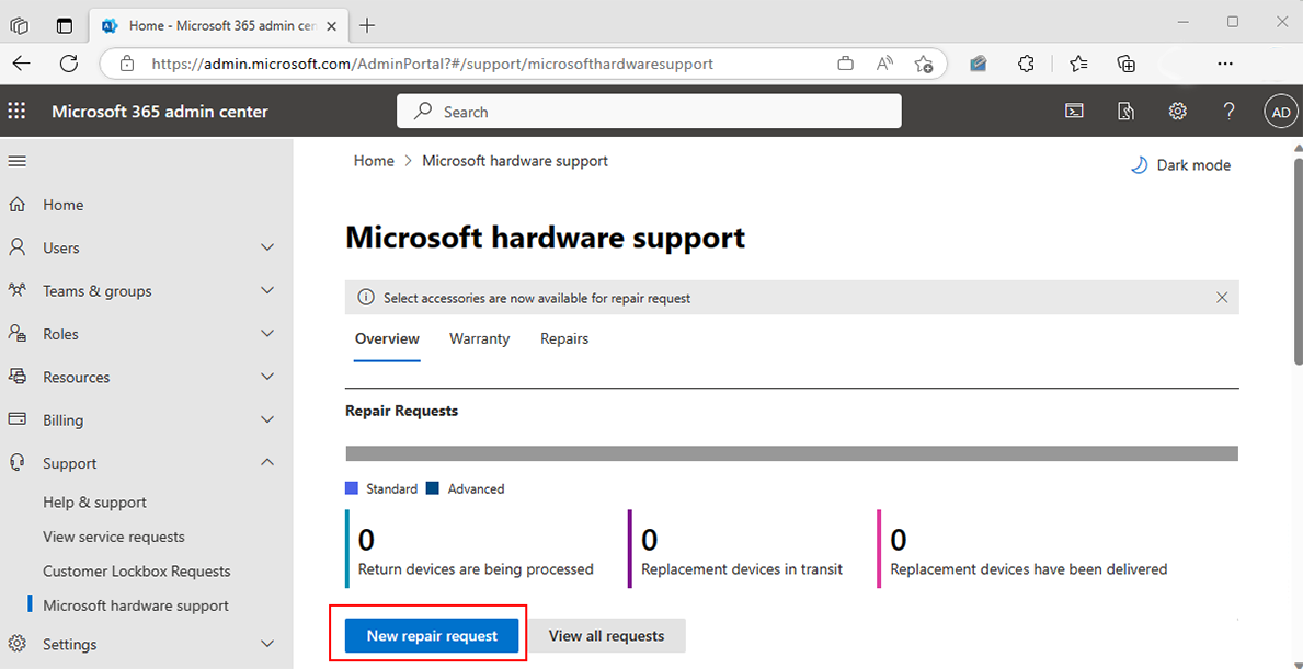 Captura de pantalla de Centro de administración de Microsoft 365 que muestra nueva característica de solicitud de reparación.