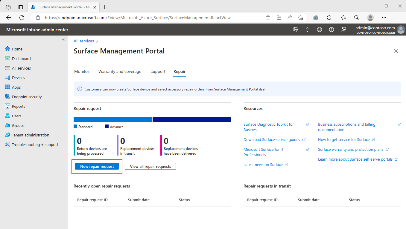 Captura de pantalla del Portal de administración de Surface en la que se muestra la característica Nueva solicitud de reparación.