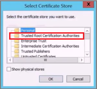 Captura de pantalla de la selección del almacén de certificados.