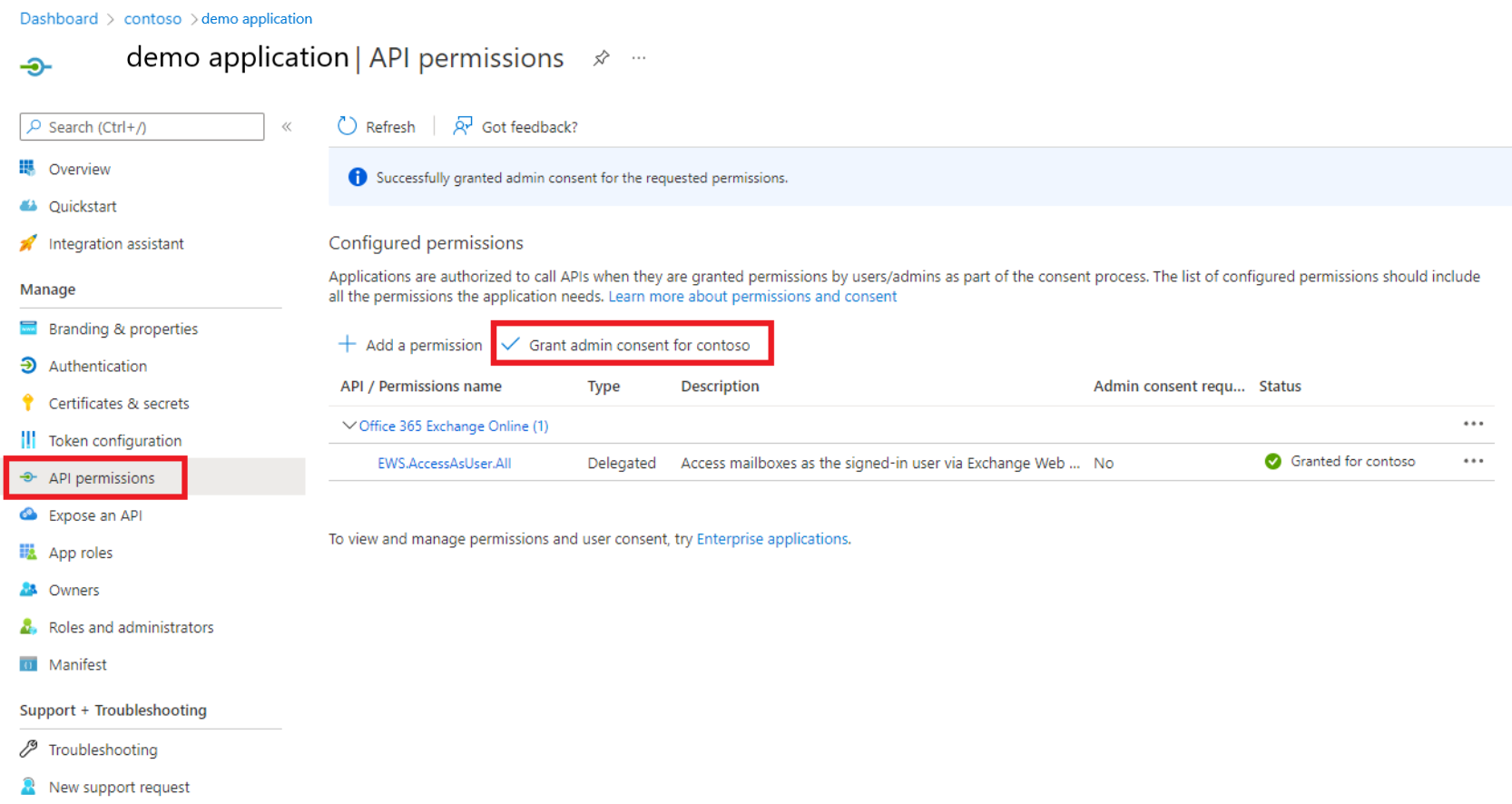 Captura de pantalla de los permisos de api de aplicación de Azure AD.