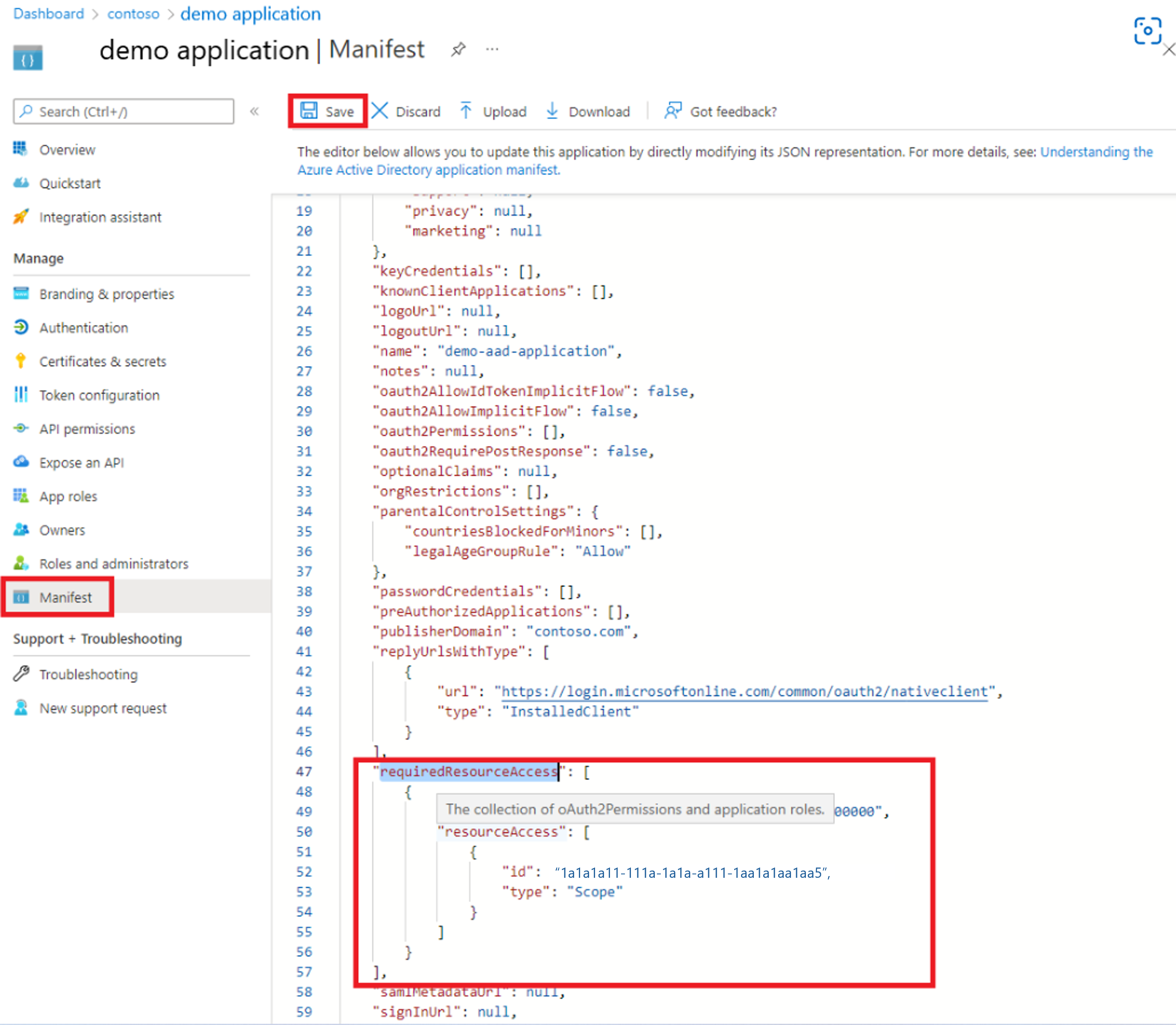 Captura de pantalla del manifiesto de la aplicación de Azure AD.