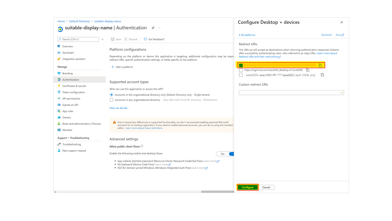 Captura de pantalla del identificador URI de redirección.
