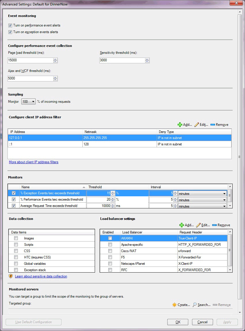 Captura de pantalla de la configuración avanzada del lado cliente.
