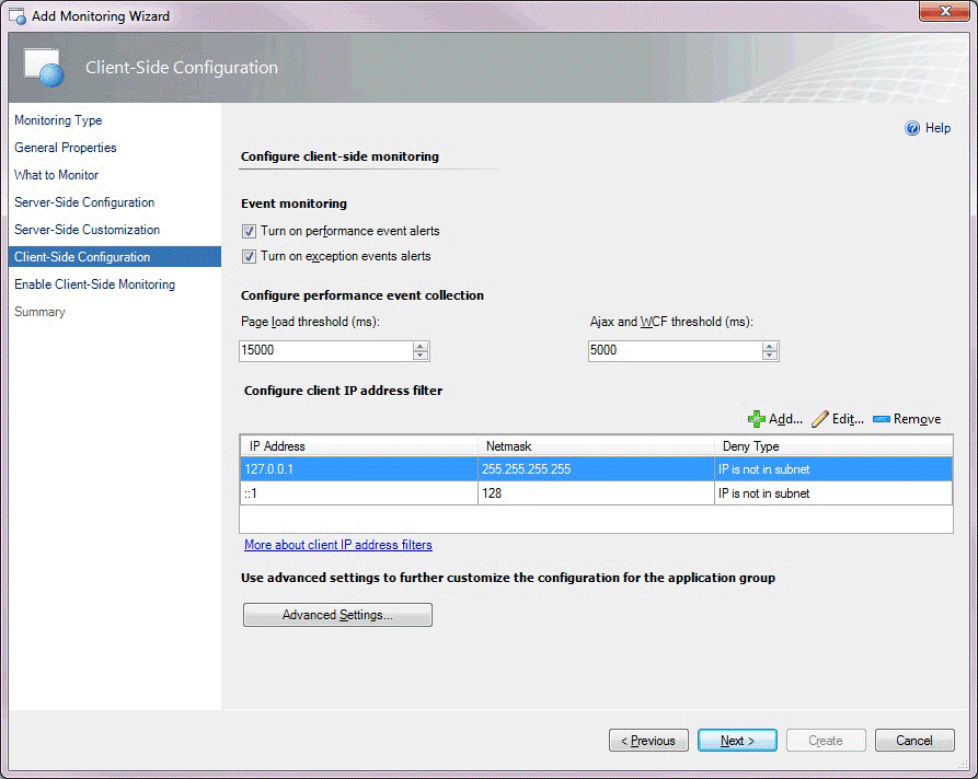 Captura de pantalla de configuración de Client-Side.