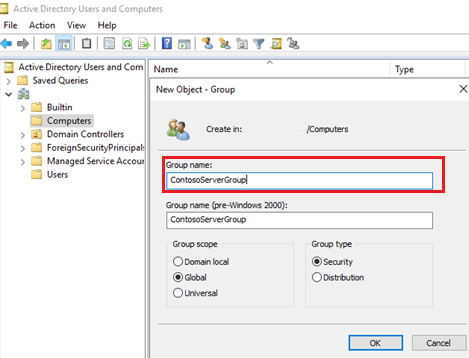 Captura de pantalla que muestra los equipos de Active Directory.