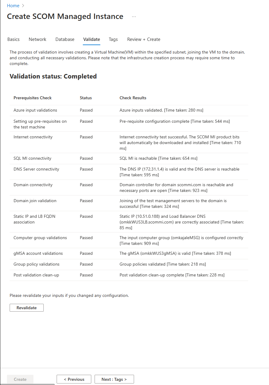 Captura de pantalla que muestra el estado de validación: Completado.