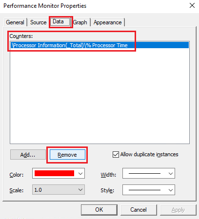 Captura de pantalla que muestra las selecciones para quitar datos.