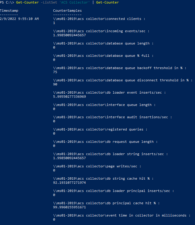 Captura de pantalla que muestra un ejemplo de PowerShell para recopilar datos de rendimiento del recopilador de ACS.