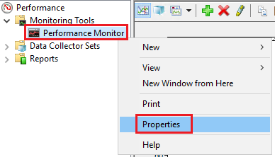Captura de pantalla que muestra las selecciones para abrir las propiedades del Monitor de rendimiento.