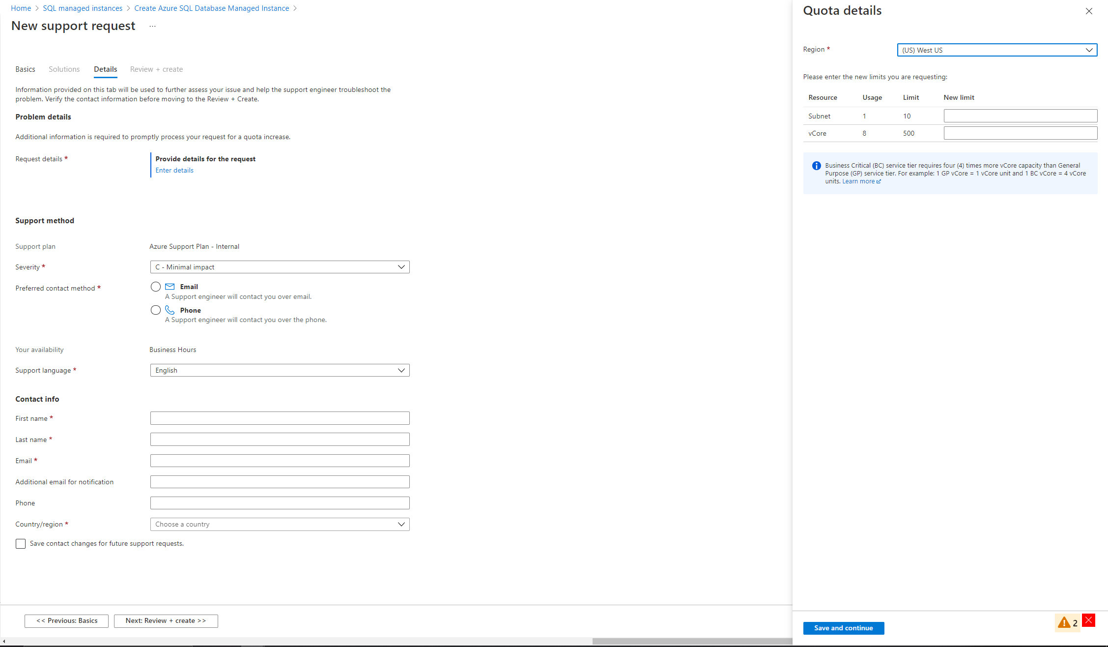 Captura de pantalla que muestra la nueva solicitud de soporte técnico.