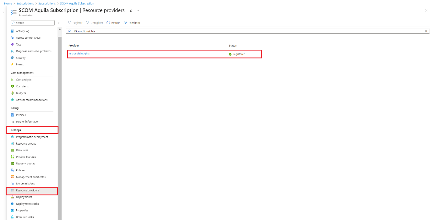 Captura de pantalla que muestra el proveedor de Microsoft Insights.