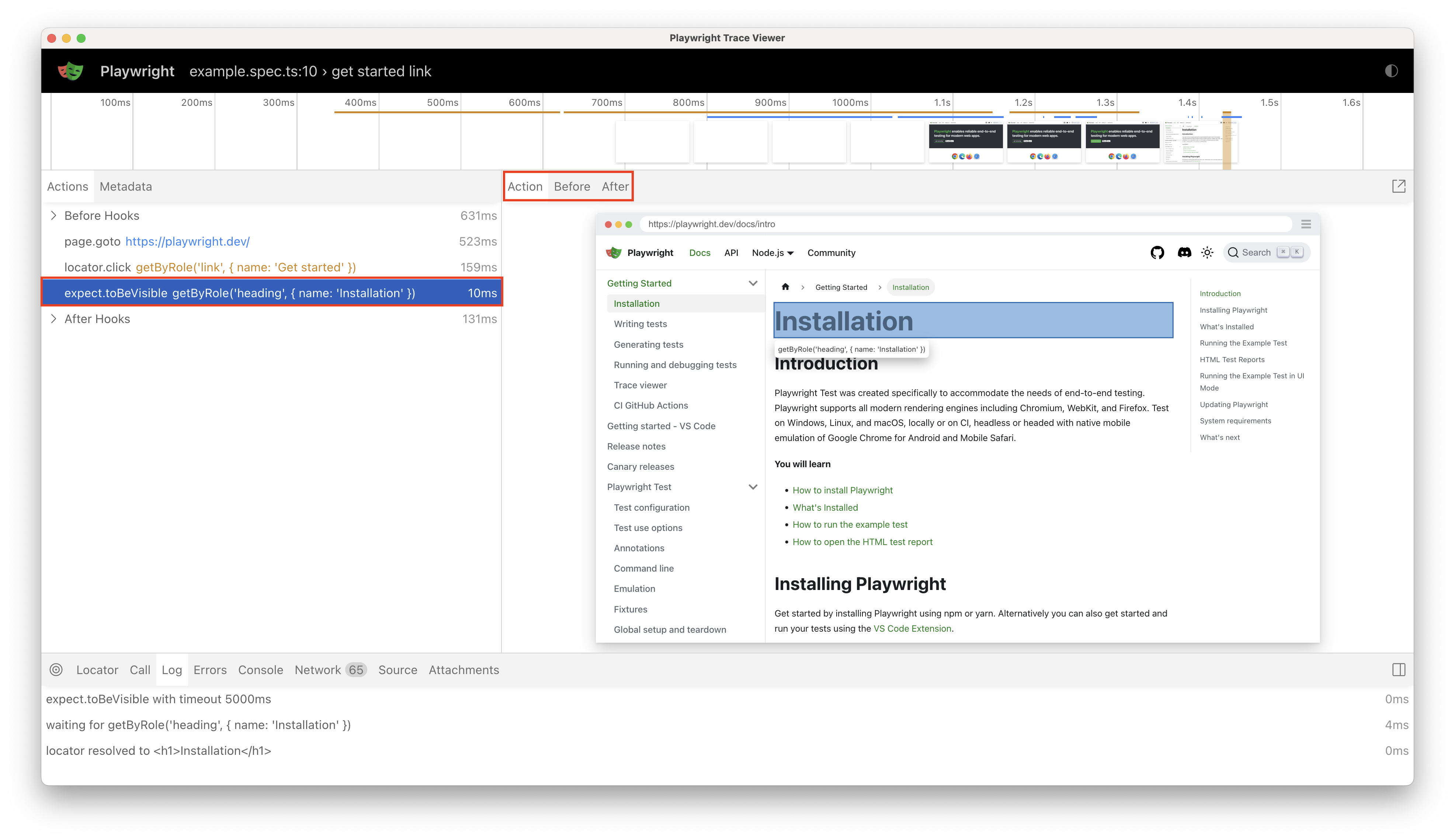 Captura de pantalla que muestra la selección de una aserción en el visor de seguimiento.