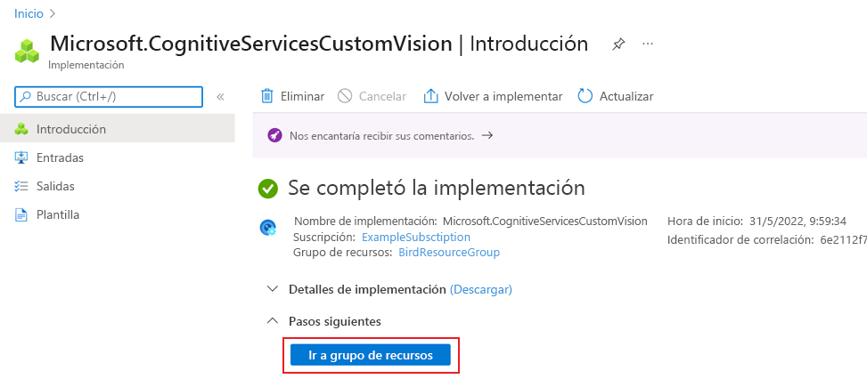 Screenshot that shows the deployment finished page in the Azure portal, with the Go to resource button highlighted.