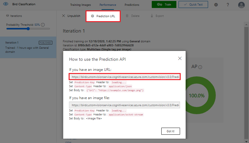 Screenshot that highlights the prediction U R L for a published Custom Vision model.