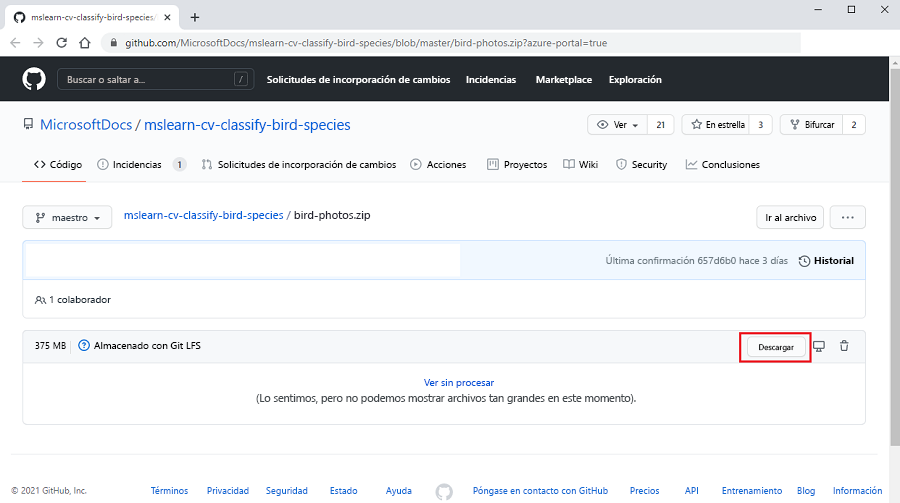 Screenshot that shows GitHub in a web browser, with the dataset zip file and the Download button highlighted.