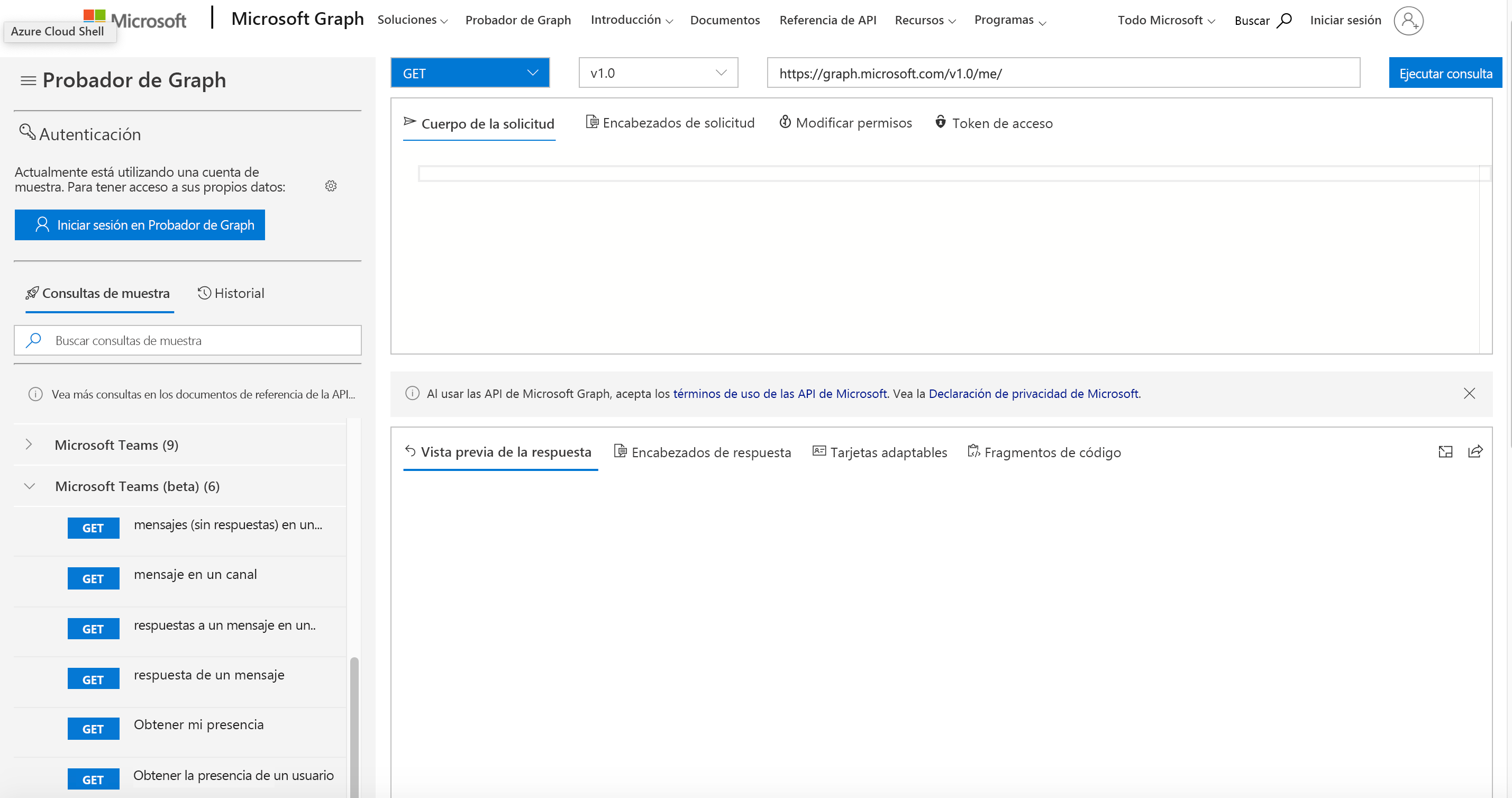 Captura de pantalla de la página web del Explorador de Microsoft Graph.