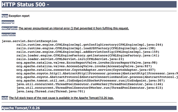 Captura de pantalla de la aplicación Java fallida con error HTTP Status 500.