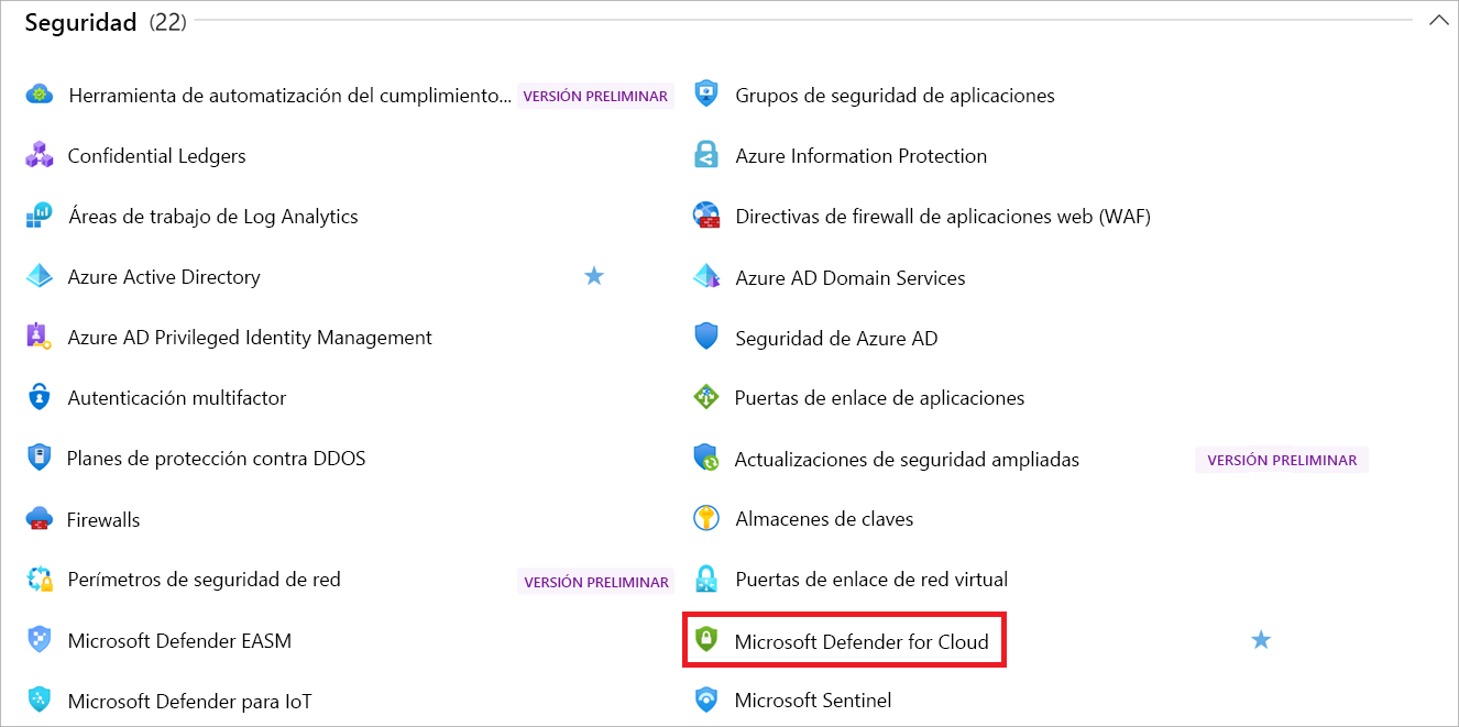 Screenshot showing the All services pane with Defender for Cloud highlighted.