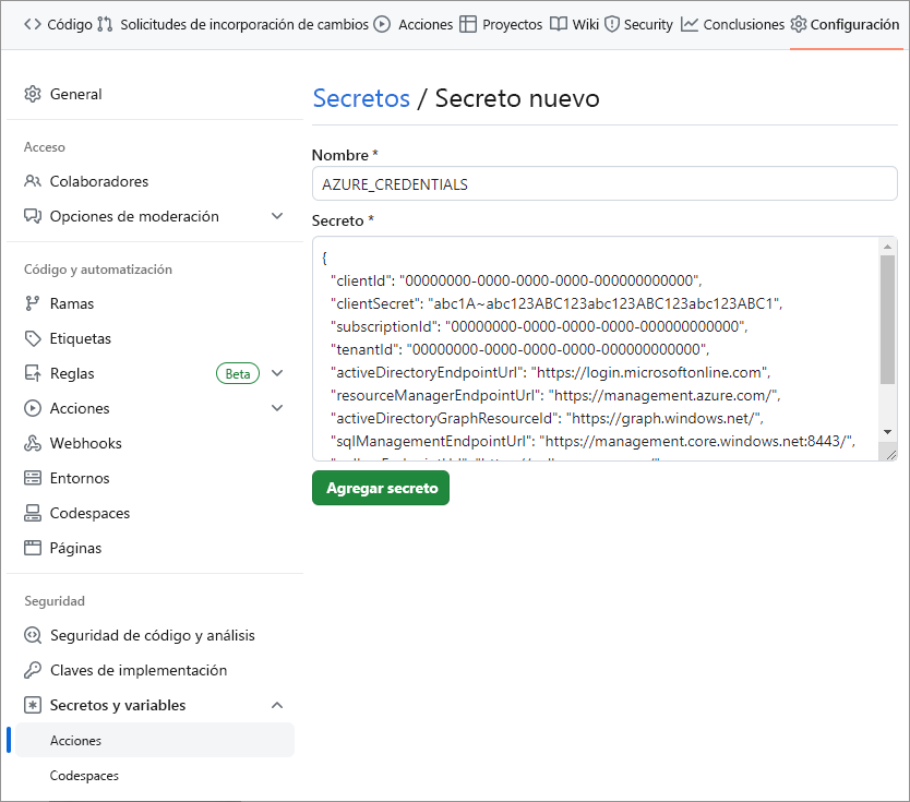 Captura de pantalla de la página Nuevo secreto para establecer secretos de variables de entorno en GitHub.