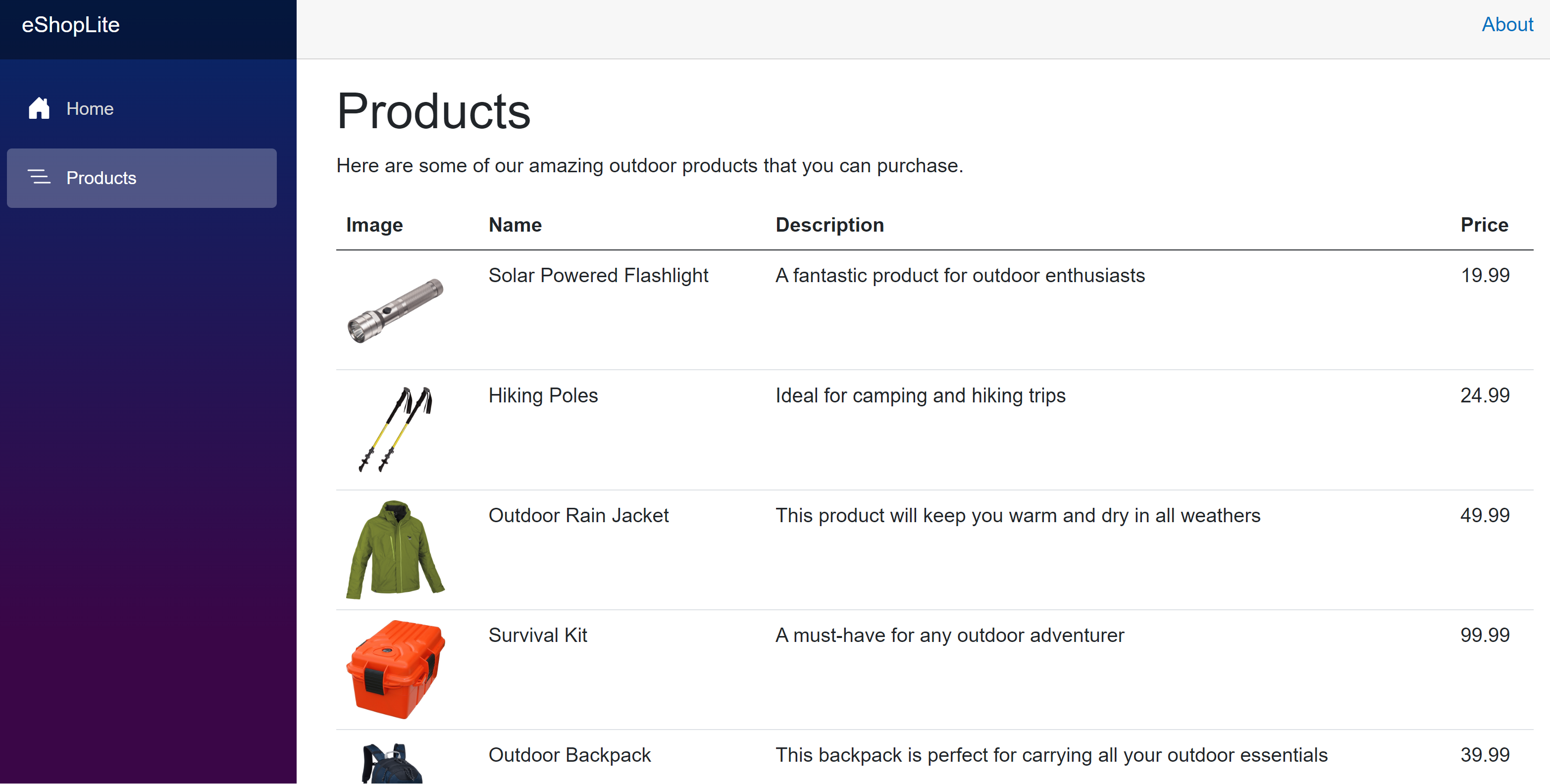 Captura de pantalla que muestra la aplicación eShop que se ejecuta en un explorador.