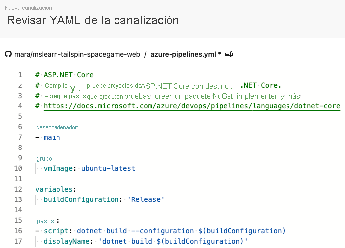 Screenshot of Azure Pipelines showing the initial build configuration.