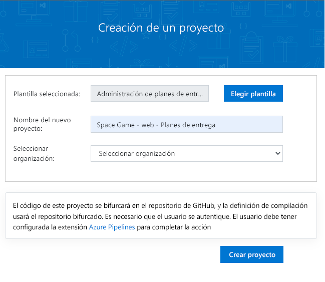 Screenshot of creating a project through the Azure DevOps Demo Generator.