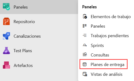 Screenshot of the delivery plans option in the dropdown menu.