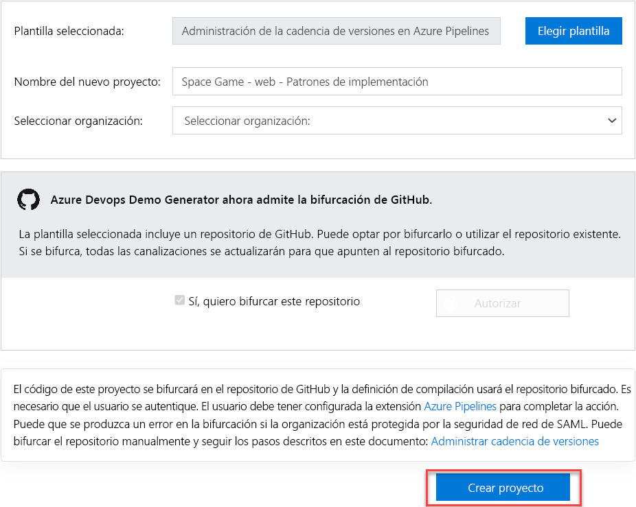Screenshot that shows how to create a project through the Azure DevOps Demo Generator.