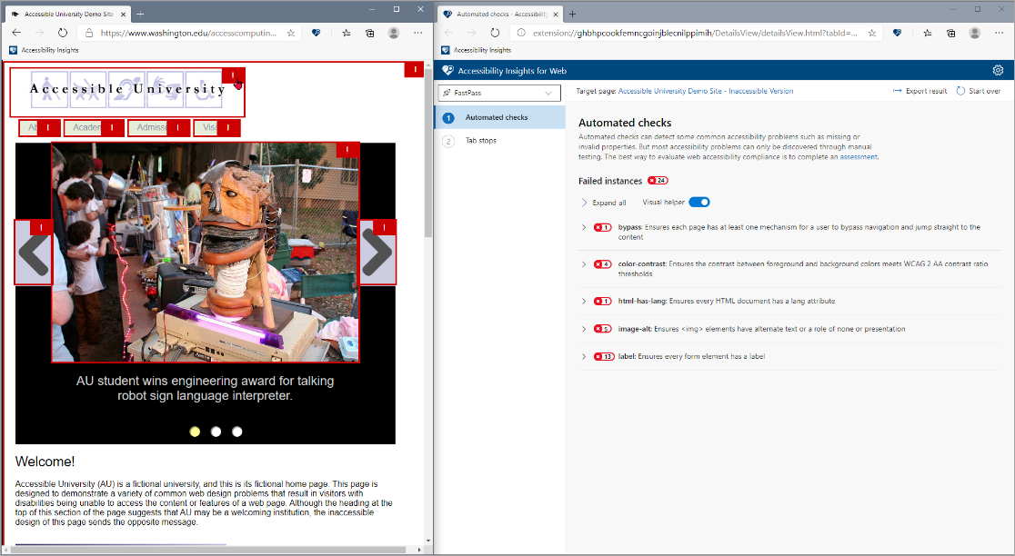 Captura de pantalla de una comprobación web de Accessibility Insights de ejemplo. Los errores se resaltan a la izquierda en la página de destino y también aparecen a la derecha en la página Comprobaciones automatizadas de Accessibility Insights.